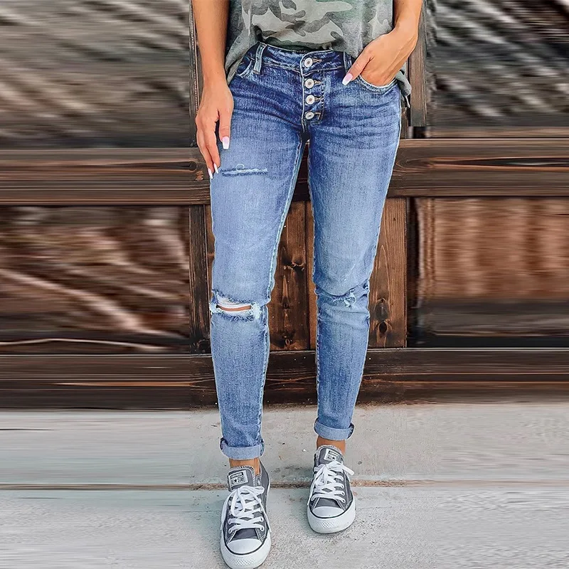 

Hole Jeans Vintage Women's Mid Waist Pocket Skinny Slim Trousers 2021 Casual Button Denim Pants For Female Pantalones De Mujer