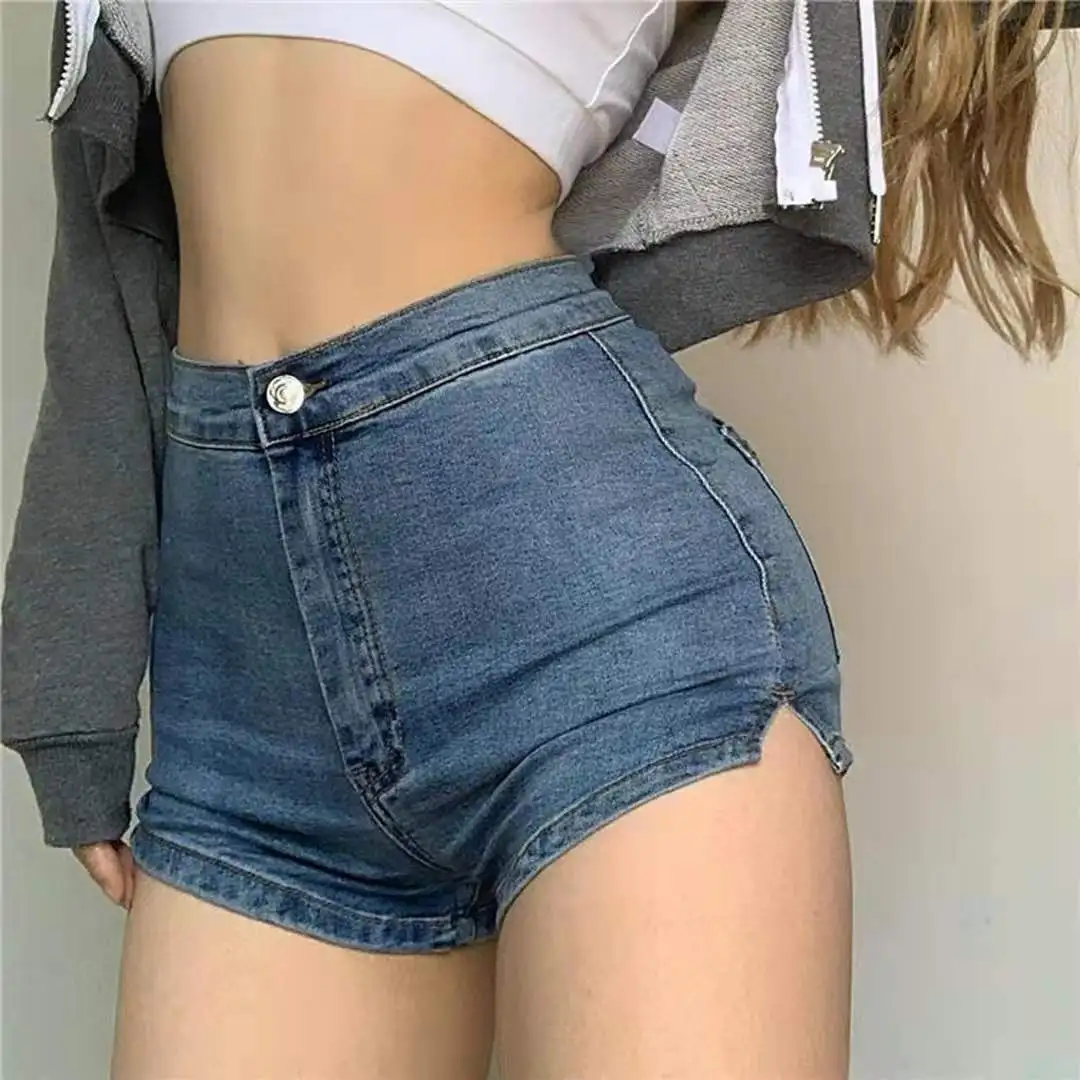 Split Denim Shorts Jeans Female Sexy Summer Slimming Basic Versatile European American High-Waist Solid Color Hip-Lift Ins