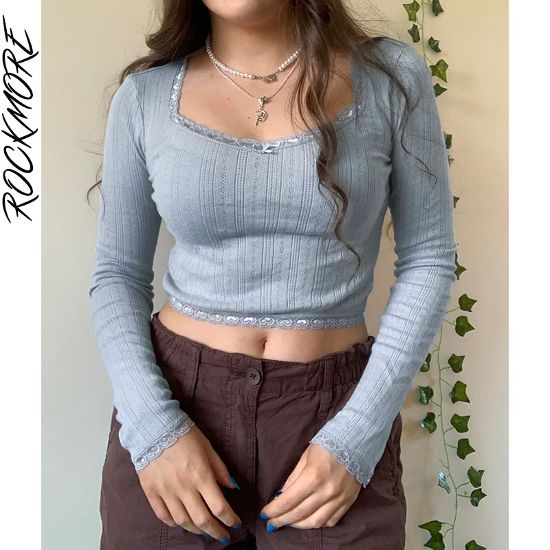 

Rockmore Autumn Knitted Crop Top Lace Patchwork Long Sleeve T-shirt Harajuku Casual Kawaii Pullovers Square Collar Tees Korean