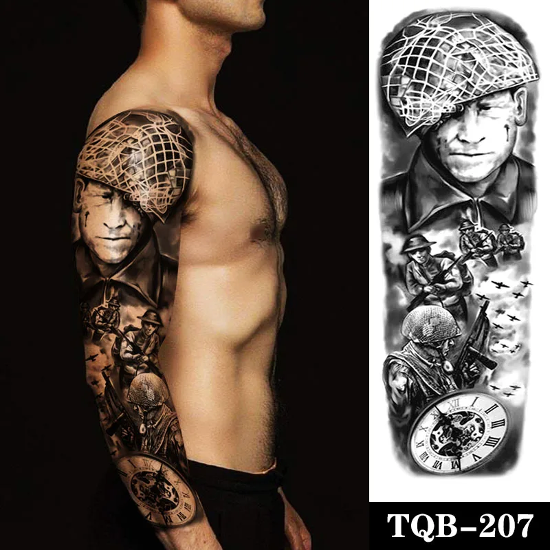 

Large Arm Sleeve Tattoo War Soldier Plane Clock Waterproof Temporary Tatto Sticker Body Art Full Arm Fake Tatoo Women Men