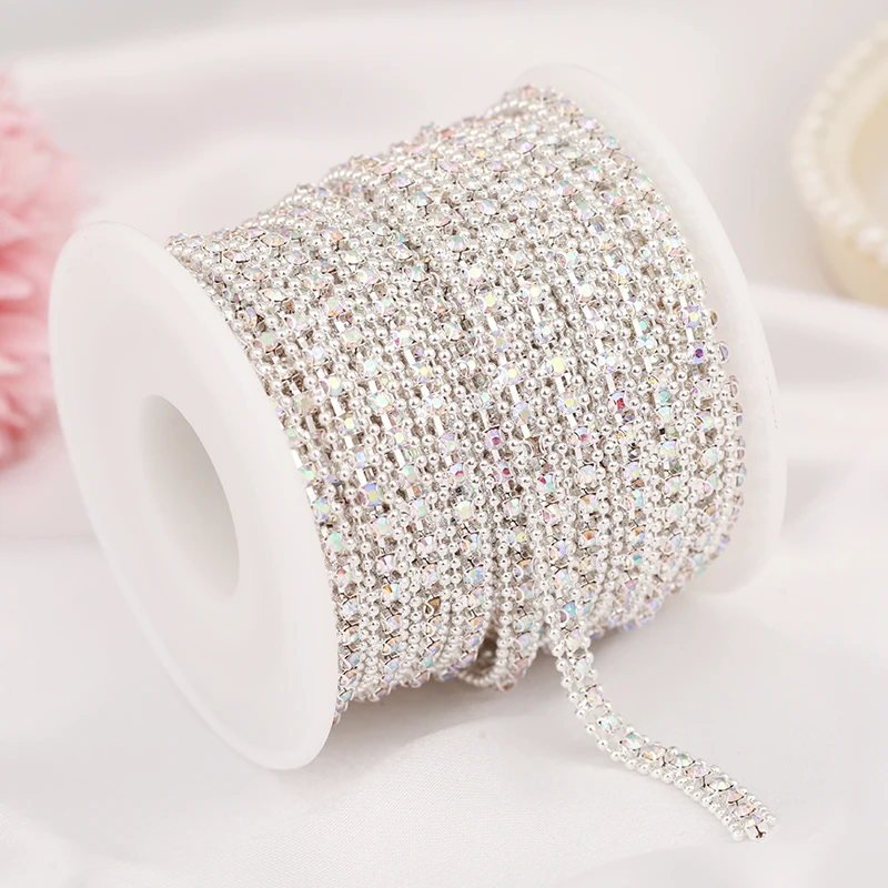 Цепочка для украшения RESEN SS8 1 ярд 3 ряда серебряная прозрачная с кристаллами AB