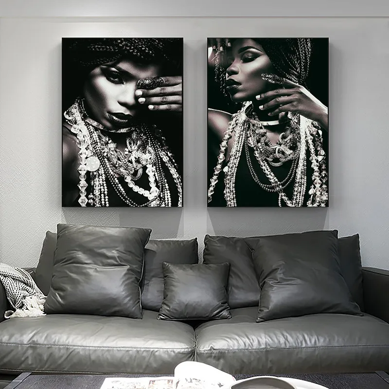 

Portrait of African with Jewellery Posters and Prints Black Woman Canvas Paintings Silver Body Art Picture Room Decor Cuadros