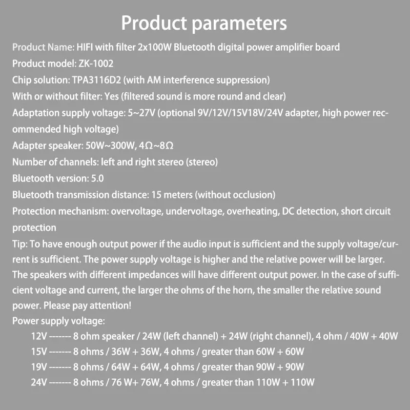 ZK-1002 HIFI TPA3116 Bluetooth 5.0 High Power Digital Amplifier Stereo Board 100W+100W AMP Amplificador o Home Theater | Электроника