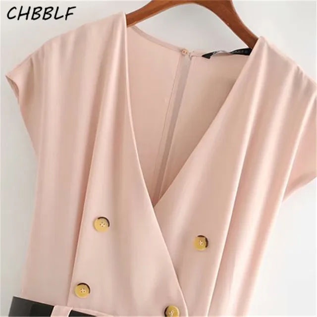 CHBBLF women elegant V neck playsuits bow tie belt short sleeve pockets button decorate female chic stylish jumpsuits HJH2334 4