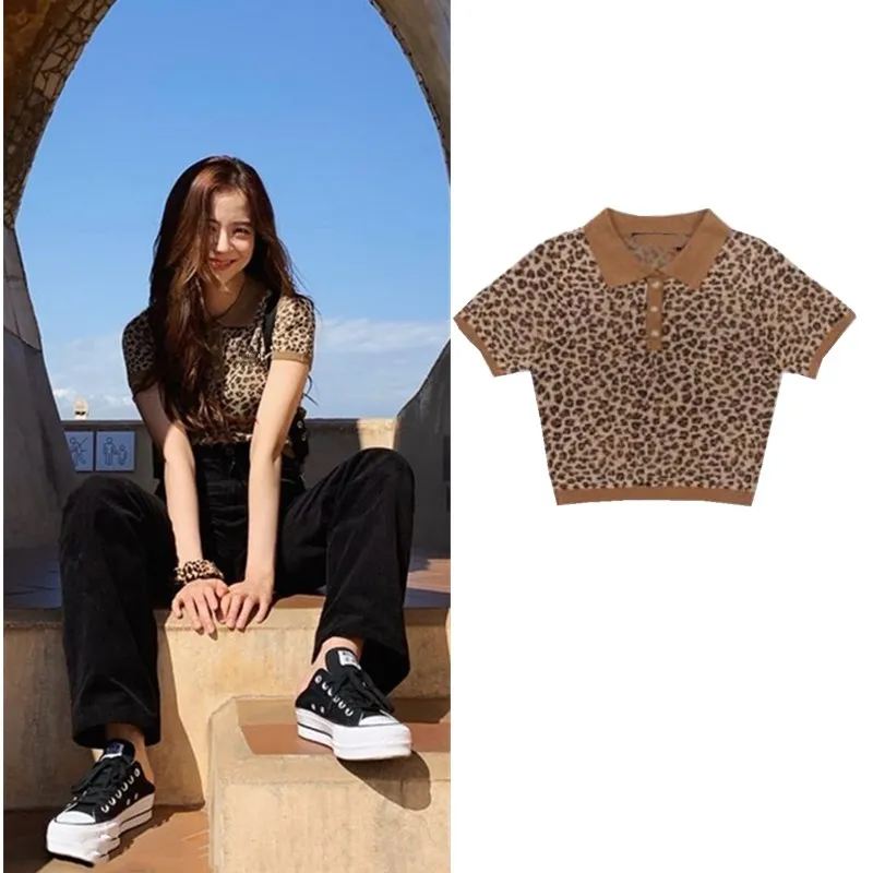 

kpop Seo Yea Ji IU Lee Ji Eun Summer new tees women casual Leopard knit POLO shirt short-sleeve Tshirts female retro short tops