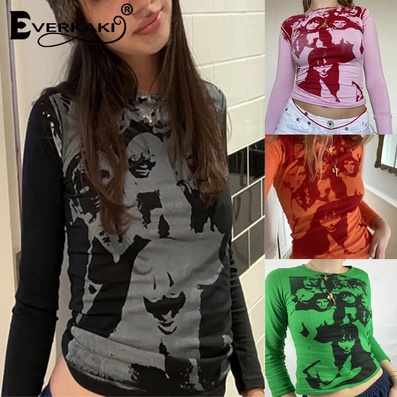 

Everkaki Graphic Aesthetic Print T-shirt Women Summer Harajuku 90s Tees Y2K E-Girl Boho Retro Punk Tops T-shirts 2021 Autumn New