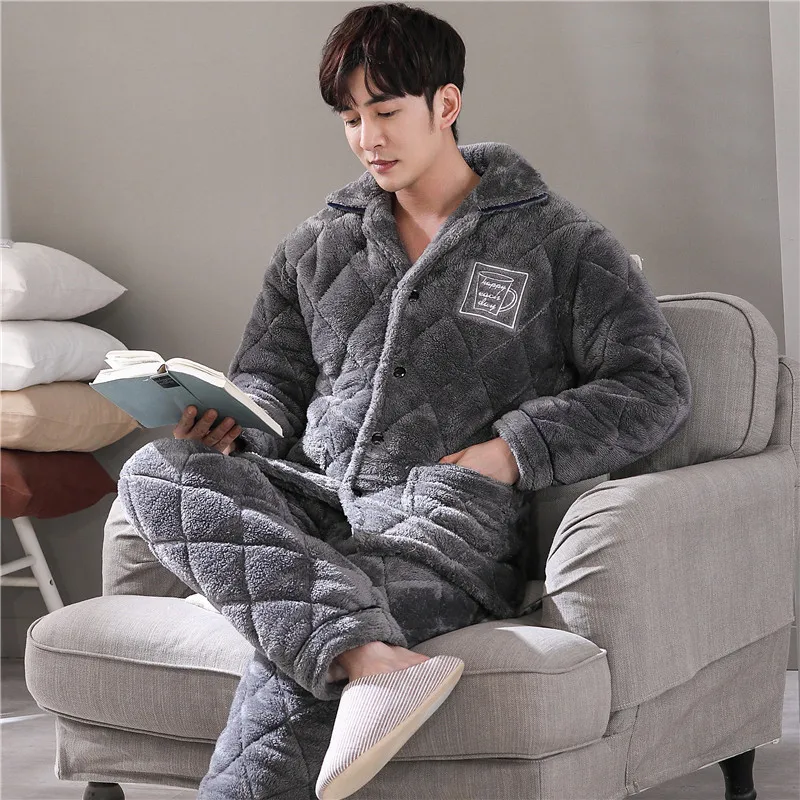 Winter Men Casual Thick Warm Pajamas Set Flannel Long Sleepwear Solid Nightwear Homewear Turn Down Collar Pyjama Homme