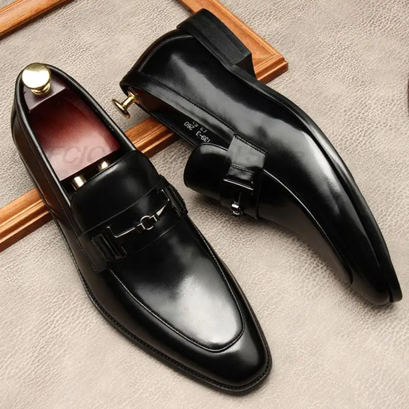 

Slip On Men Genuine Leather Dress Shoes 2021 Business Wedding Shoe Round Head Formal Italian Fashion Black Oxford Shoe Lofers