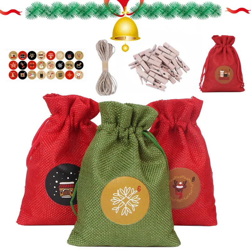 

24Pcs/Set Merry Christmas Cotton Bags Linen Gift Bag Drawstring Bag Packaging Candy Cookie Pouches Kids Gifts Christmas Stickers