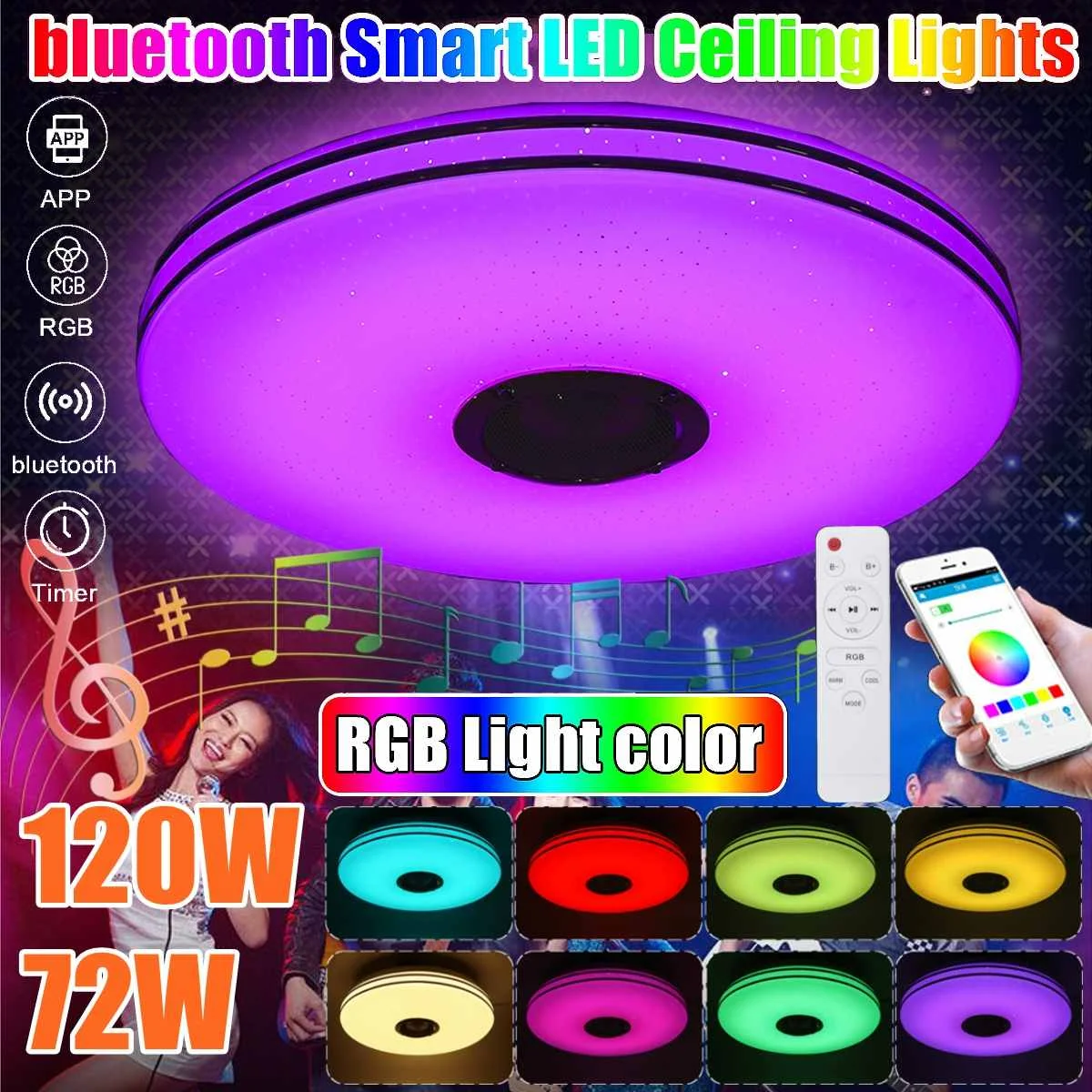 

72 Вт/120 Вт для слушания музыки, светодиодный потолочный светильник круглый потолочный светильник музыку с приложением и динамиком bluetooth Smart ...