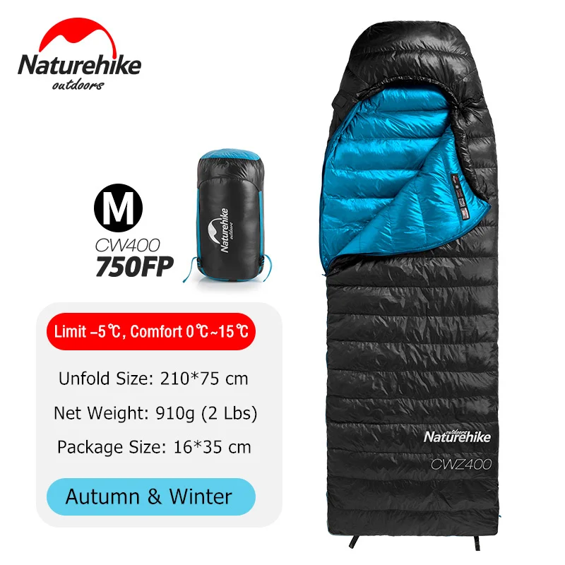 Naturehike CW400 Сверхлегкий 4 сезона квадратный гусиный пух альпинистский спальный мешок для холодной погоды водонепроницаемый спальный мешок для кемпинга - Цвет: 750FP - Black - M