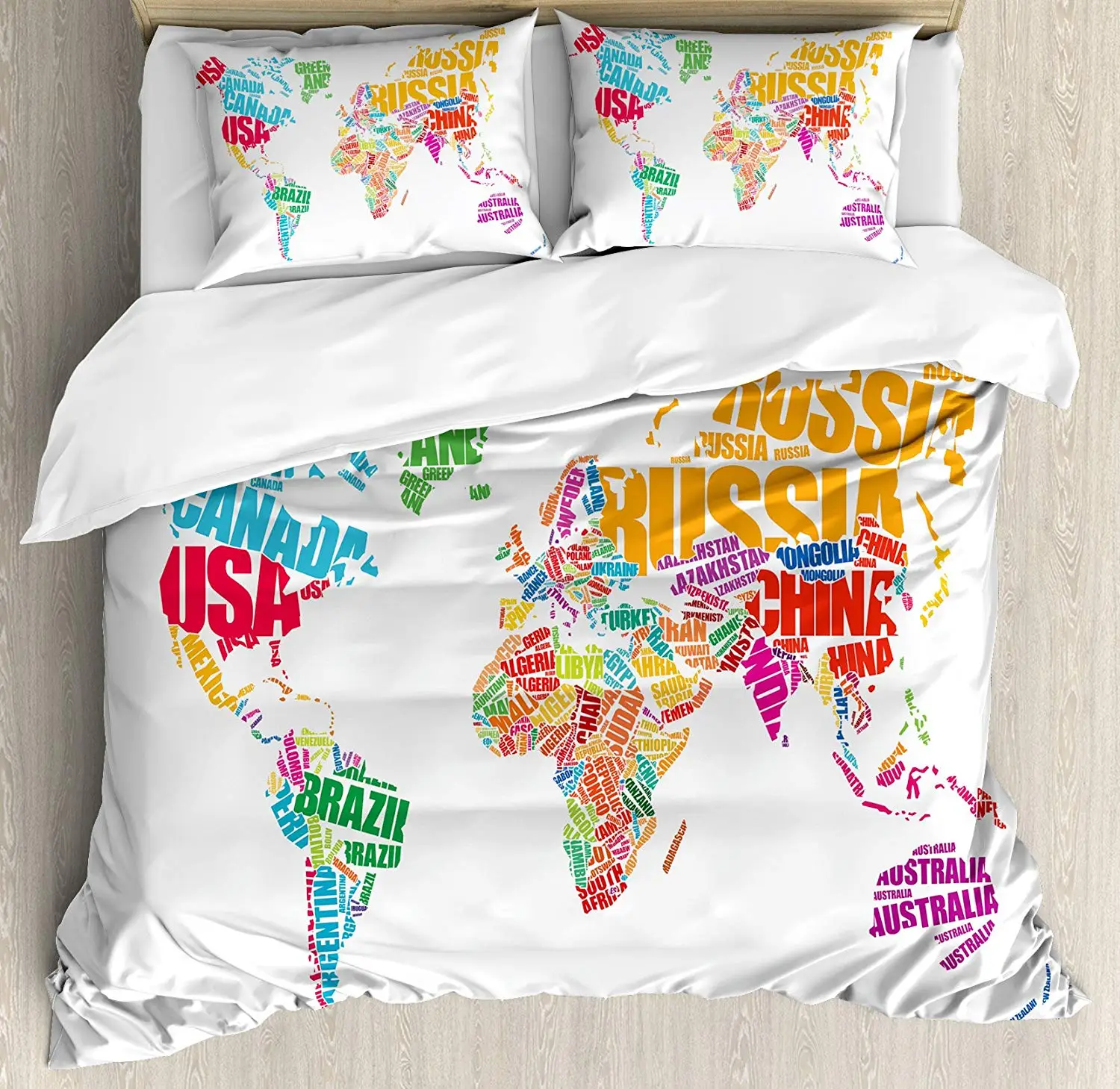 World Map Duvet Cover Set World Map with Names of The Countries Europe America Africa Asia Graphic Style Decorative 3 Piece Bed