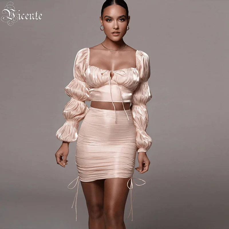 VC Bubble Sleeve Long Sleeve Pleated Lace Up Design Square Collar Exposed Navel Blouse Mini Skirt Satin Two-Piece Set