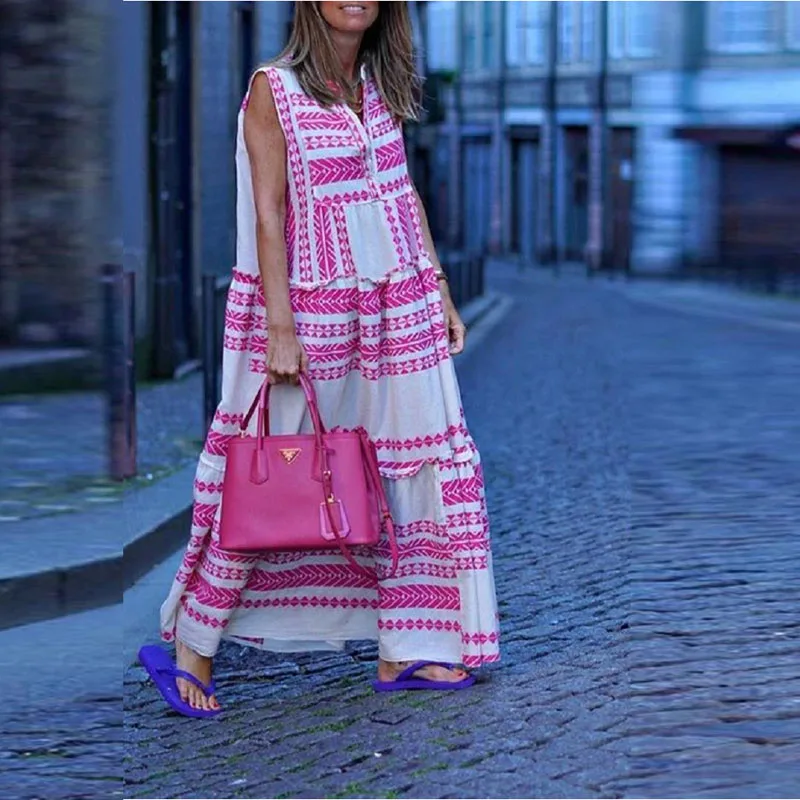 

Sexy V Neck Sleeveless Tank Dresses 2021 Spring Geometric Printed Loose Long Party Dress Summer Button Ruffles A-Line Maxi Dress