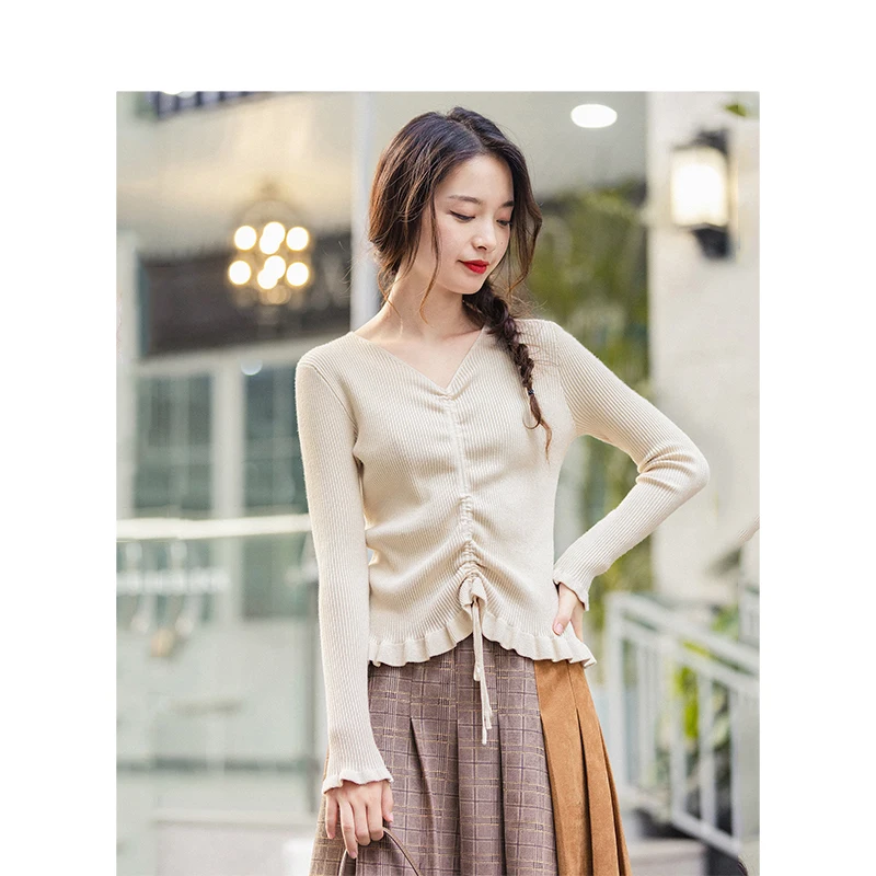 INMAN Winter Elegant Solid Color V Neck Drawstring Flower Swing Women Pullover Sweater