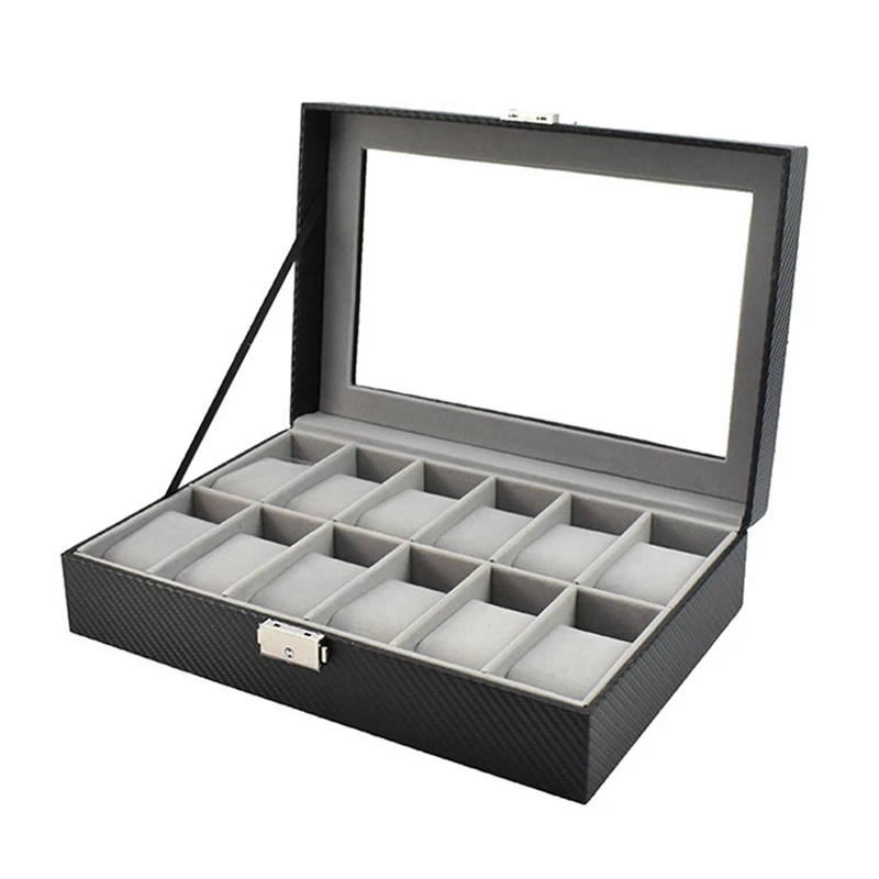 

12-Slot Watch Box Watch Stand with Glass Cover Gray Velvet Wooden Watch Storage Box in Carbon Fiber Pu Leather