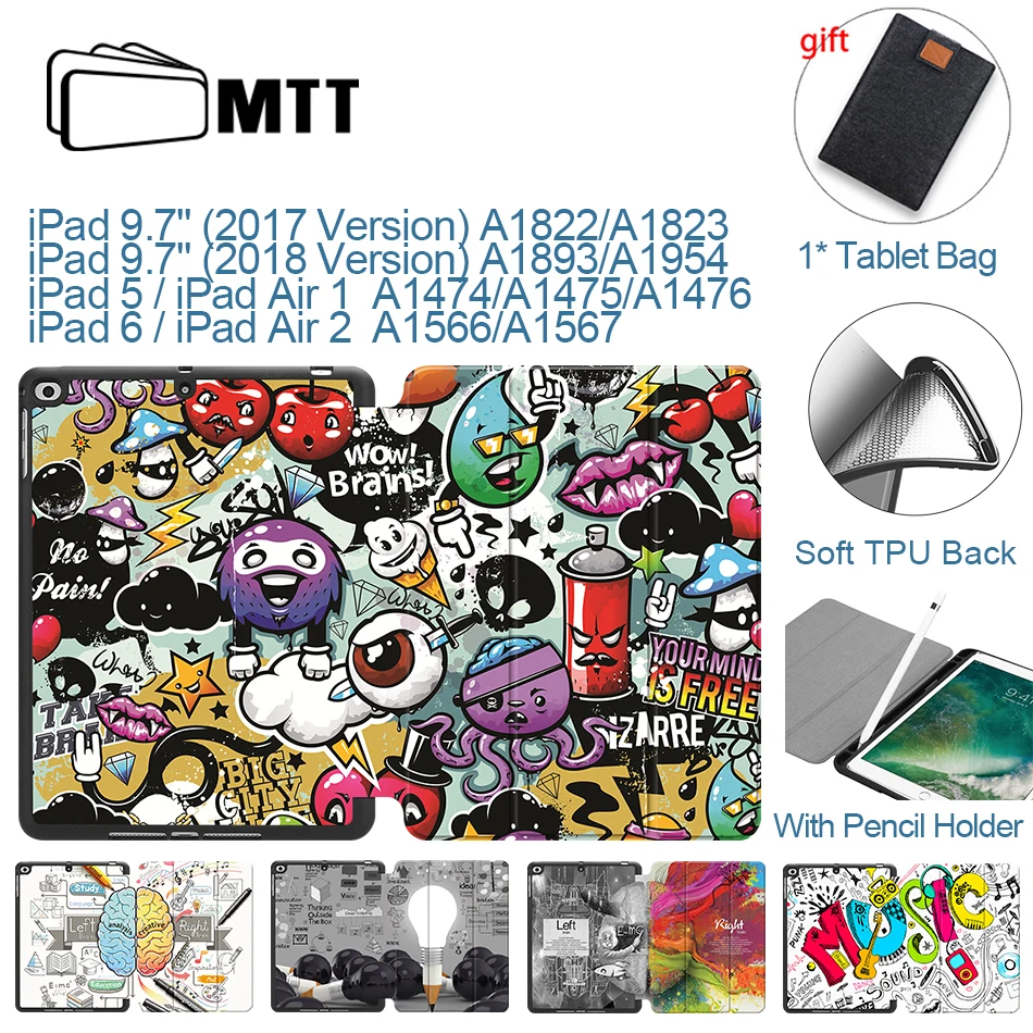 

MTT Graffiti Case For iPad 9.7 inch With Pencil Holder Soft TPU+PU Leather Flip Smart funda for iPad Air 1 Air 2 Tablet Case
