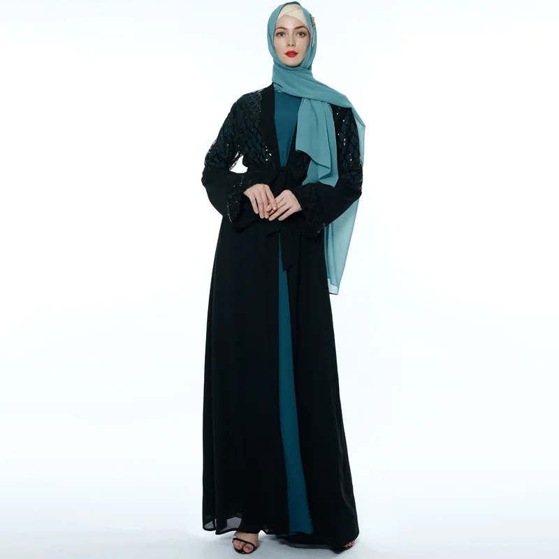 latest Dubai long-sleeved dress Muslim party Abaya ladies Arabian lace cardigan patchwork Turkish Islamic prayer gown robe
