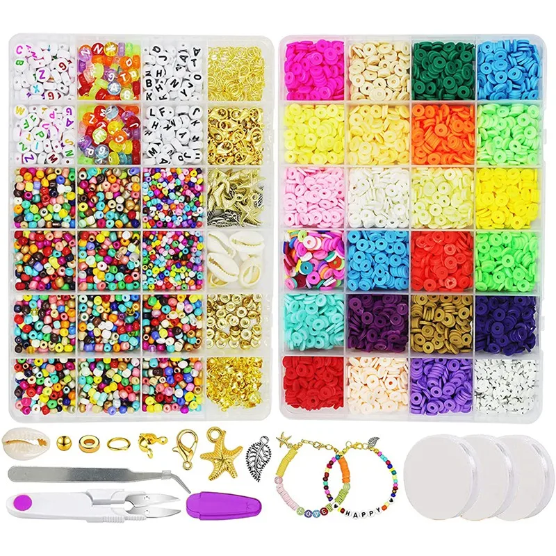 

Clay Heishi Beads,Flat Round Clay Spacer Beads, Colorful Seed Pony Beads, Letter Beads with Pendant Charms,Tools for DIY