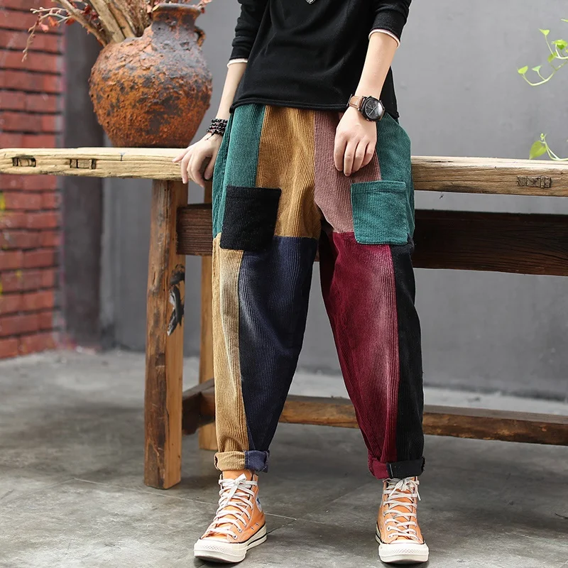 Осень-зима Ретро стиль женские свободные повседневные вельветовые брюки новинка