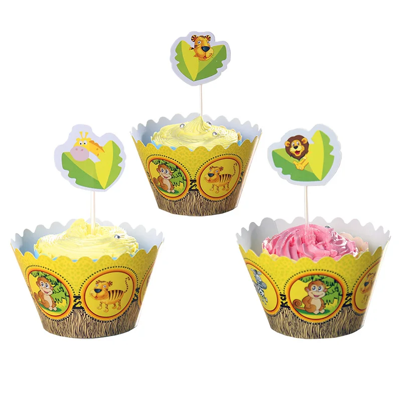 12 Wrapper 12 topper Новые прекрасные джунгли животные тарелки для вечеринки салфетки чашки попкорн коробка Лев вечерние флаг посуда для детского дня рождения вечерние поставки - Цвет: 12 Wrapper 12 topper