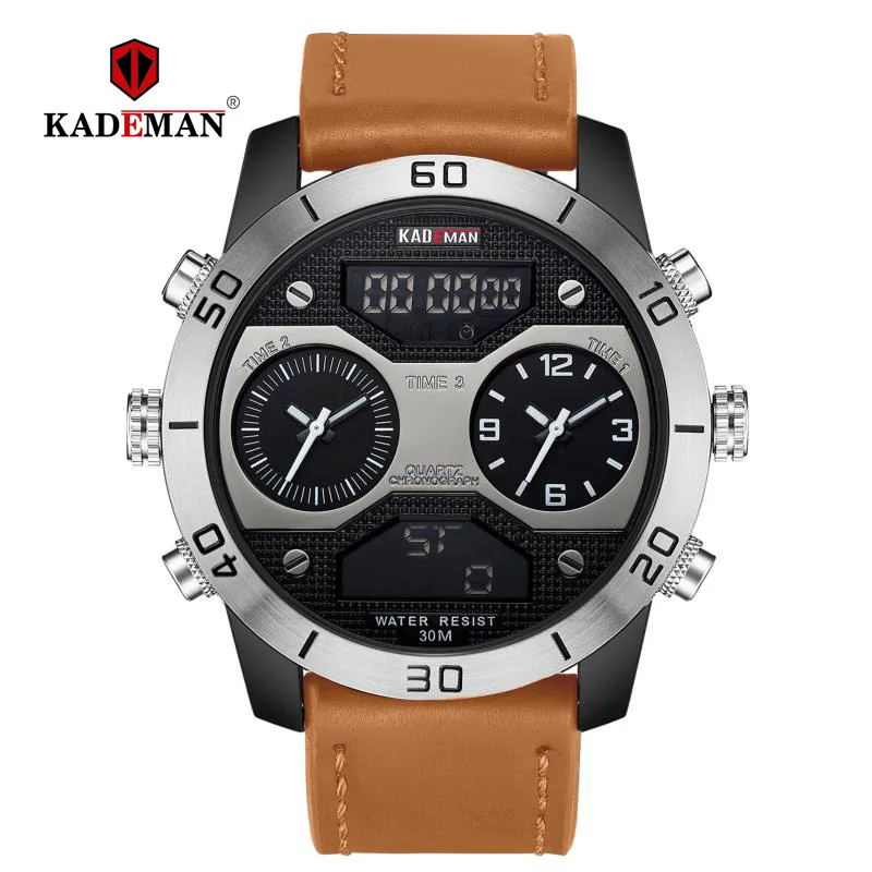 Мужские кварцевые часы KADEMAN спортивные с двойным дисплеем водонепроницаемые