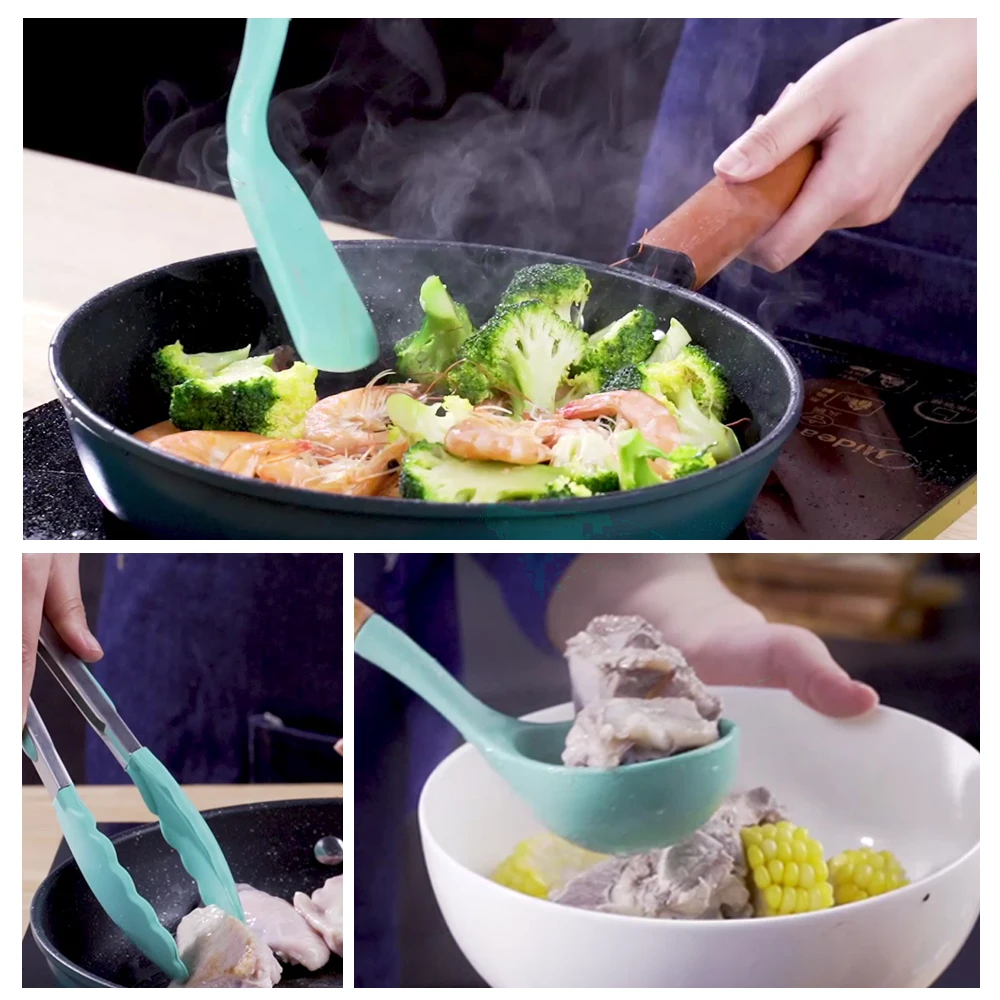 11PCS Silicone Kitchen Cooking Utensil Set with Storage Box for Countertop Wooden Cook Gadgets Utensils Sets | Дом и сад