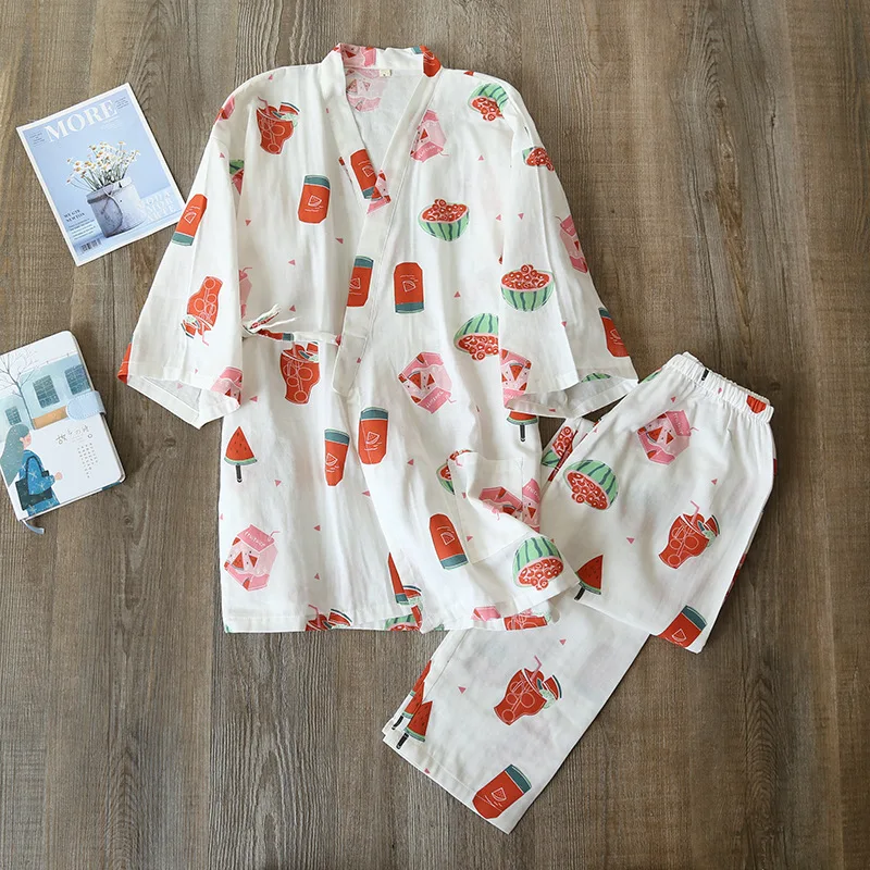 

Japanese Summer Seven-point Sleeve Kimono Pajamas Yukata Ladies Thin Spring And Autumn Cotton Gauze Home Service Suit Sleepwear