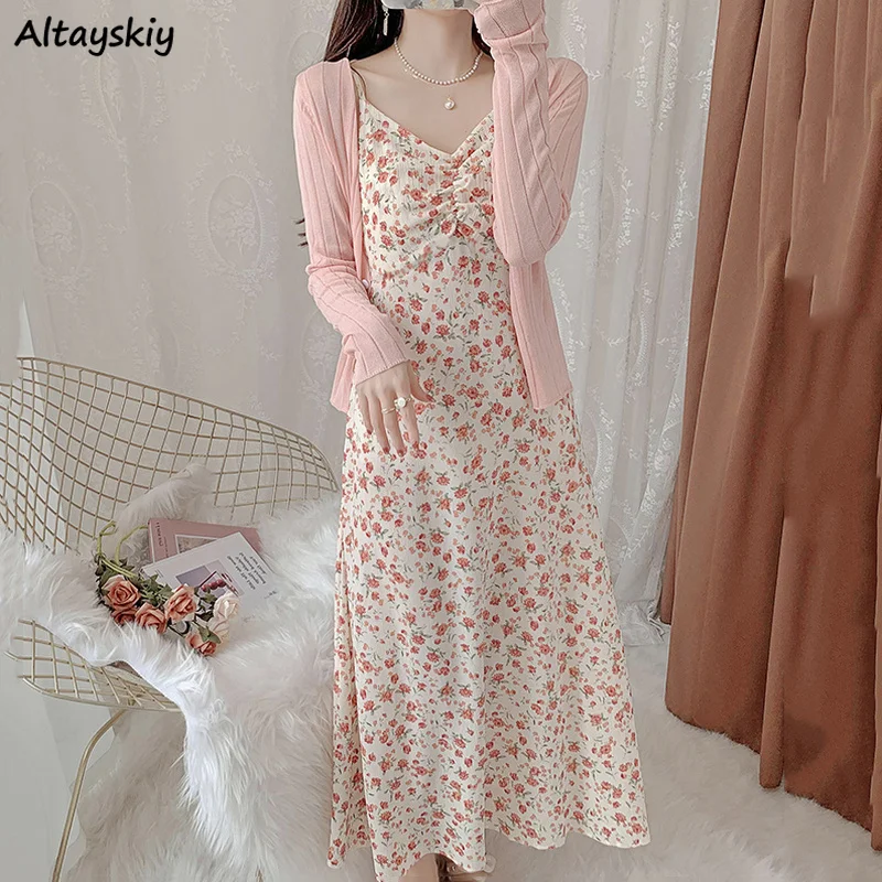 

Women Floral Dress V-neck Gentle Fairy Spaghetti Strap Mid-calf Dresses Sweet Temperament Sleeveless Ladies Vestidos Slender Ins