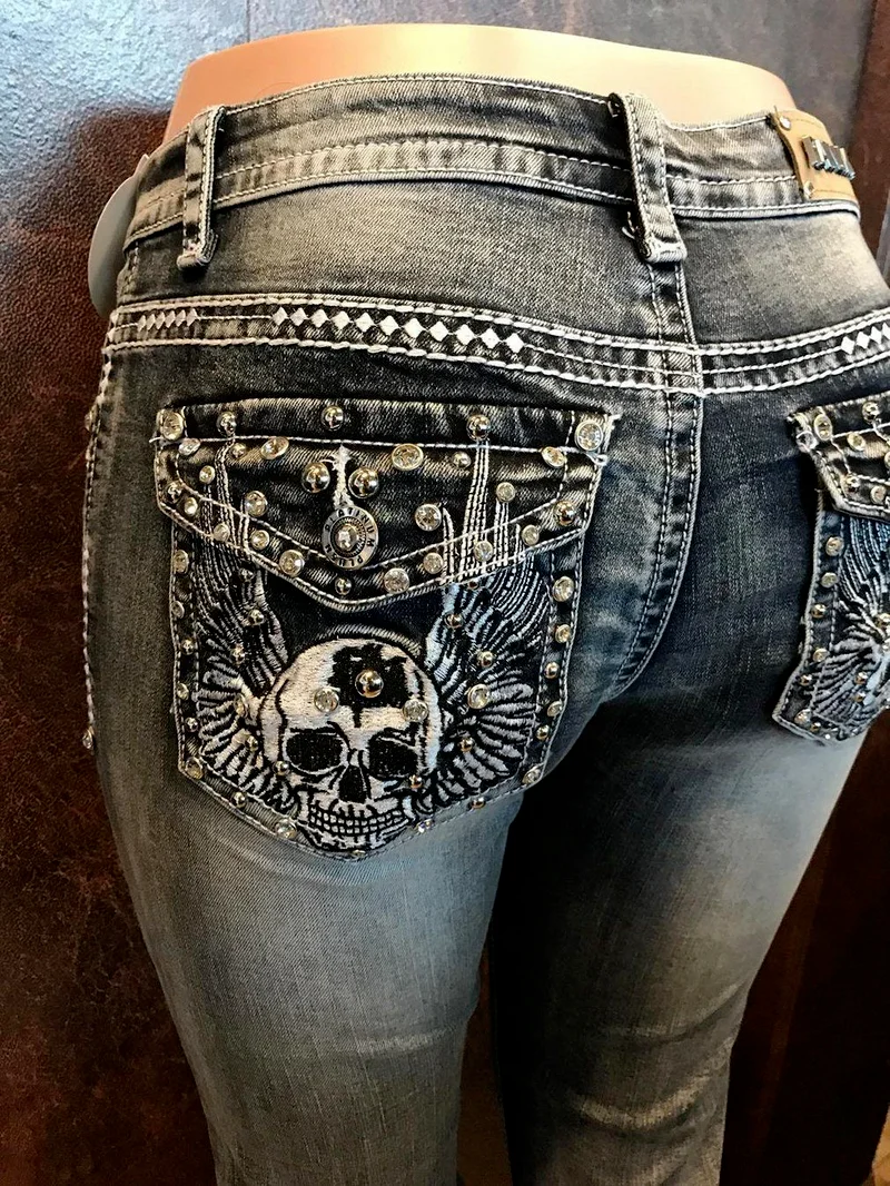 Skull embroidered beaded elastic sexy high-waist straight-leg pants female Y2K trend fashion punk slim black jeans female