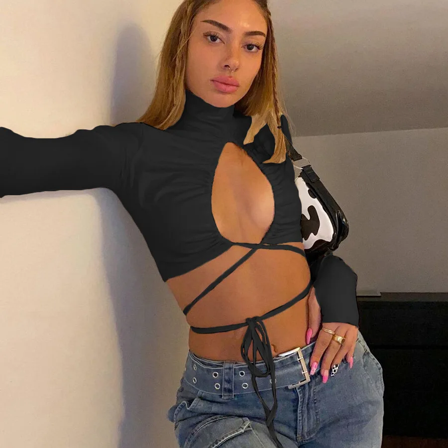

Hot Street Tops Party Clubwear Outfits 2021 Spring Women Sexy Shirt Hollow Out T-Shirt Drawstring Lace Up Turtleneck Ruched Tops