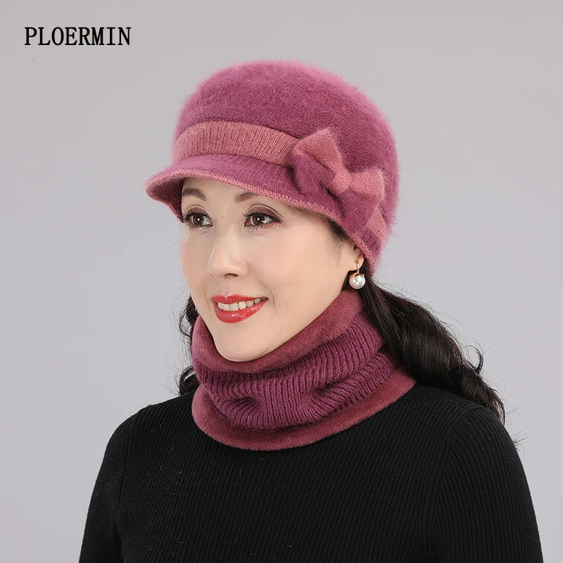 

Новинка 2021, зимний плотный теплый шерстяной вязаный комплект из шапки и шарфа для женщин, Элегантная Модная Панама с бантом из кроличьего ме...