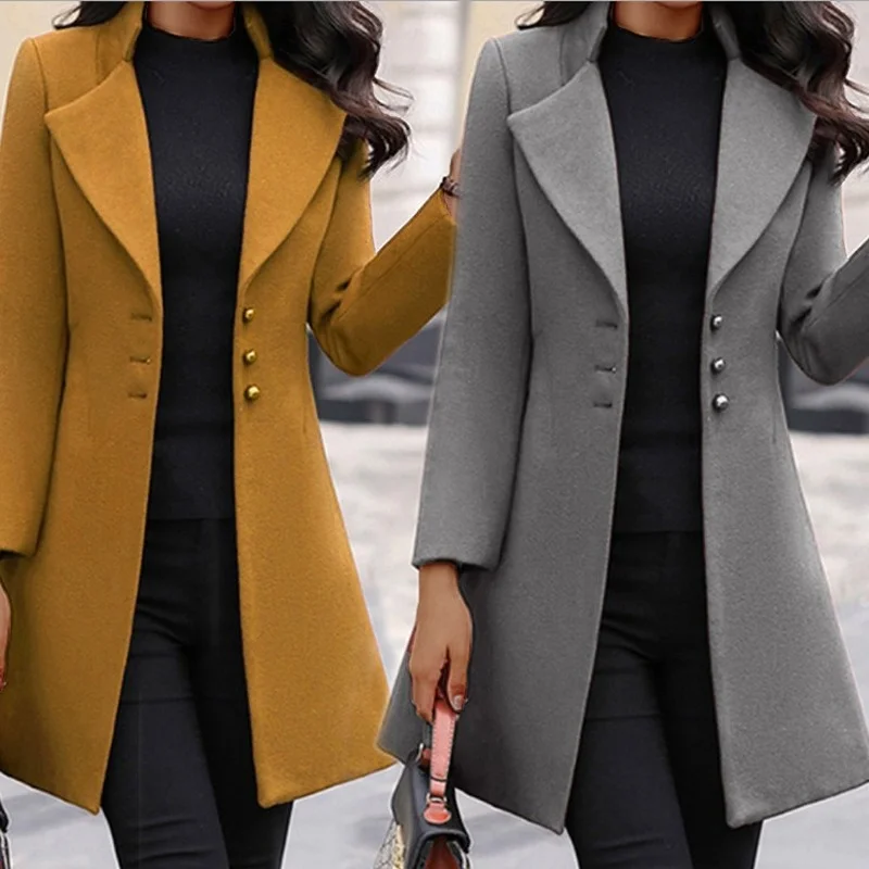 

Donsignet 2021 Autumn Winter New Mid Length Korean Version Wool Turn-down Collar Thin Solid Slim Womens Woolen Coat Jacket