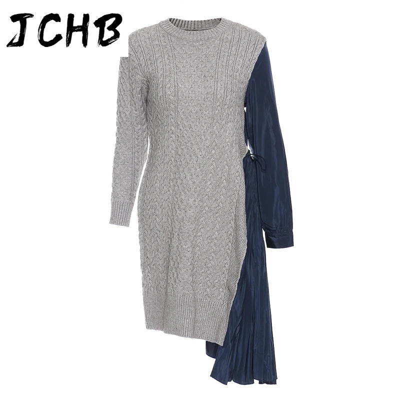 

JCHB 2021 new winter round full sleeves asymmetrical pullover loose mid calf length knitting dress female WO63802L