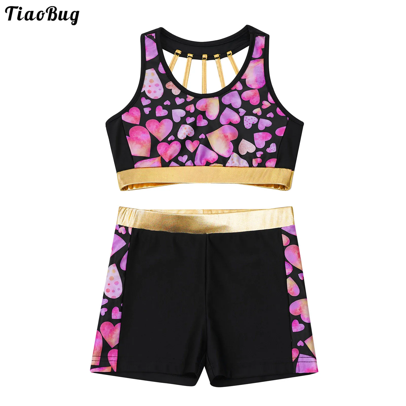 

TiaoBug 2Pcs Kids Girls Summer Swimsuit Swimwear U Neck Sleeveless Open Back Patchwork Design Print Tops And Shorts Set Tankini