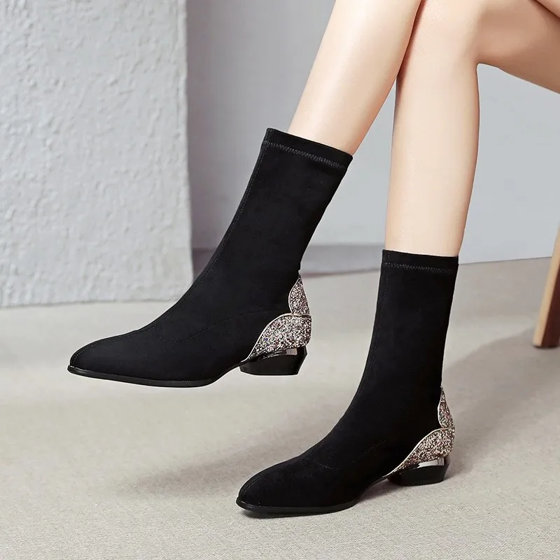 

Size 33-43 Bling Design Fashion Sexy Comfortable Elastic Material Autumn Winter Shoes Ankle Boots High Heel Women Boots