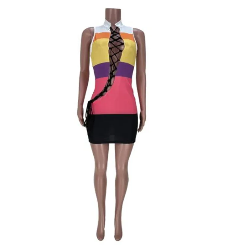 

Women's clothing new Colorful horizontal bar mini skirt Stitching skinny sexy pullover skirt Hollow straps Dress women