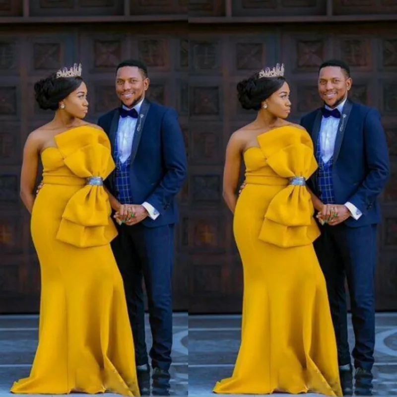 

Arabia Big Bow Prom Dresses For Women South African Satin Strapless Evening Gowns Dubai Yellow Floor Length Formal Party Dres