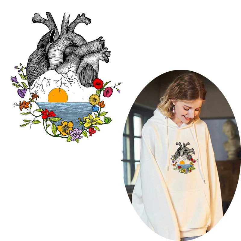 

Sunset in My Heart Patches for Clothing Iron on Transfer Stickers DIY Applique on Clothes Vinyl Printed Striped Heart Patch