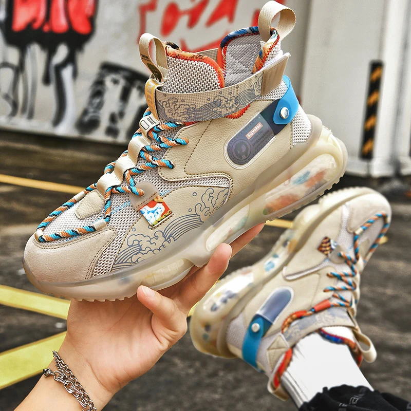 

Stylish High Top Running Shoes Men Air Cushion Chunky Sneakers Trendy Graffiti Sports Shoes Reflective Platform Walking Shoes