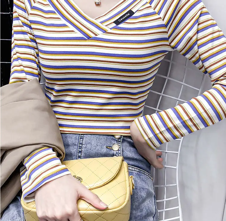 

Fashion Cotton T shirt Women 2021 Spring Summer Striped Crop Tops Casual Tees Plus Size Long Sleeve Slim Female Basic Tshirt 119