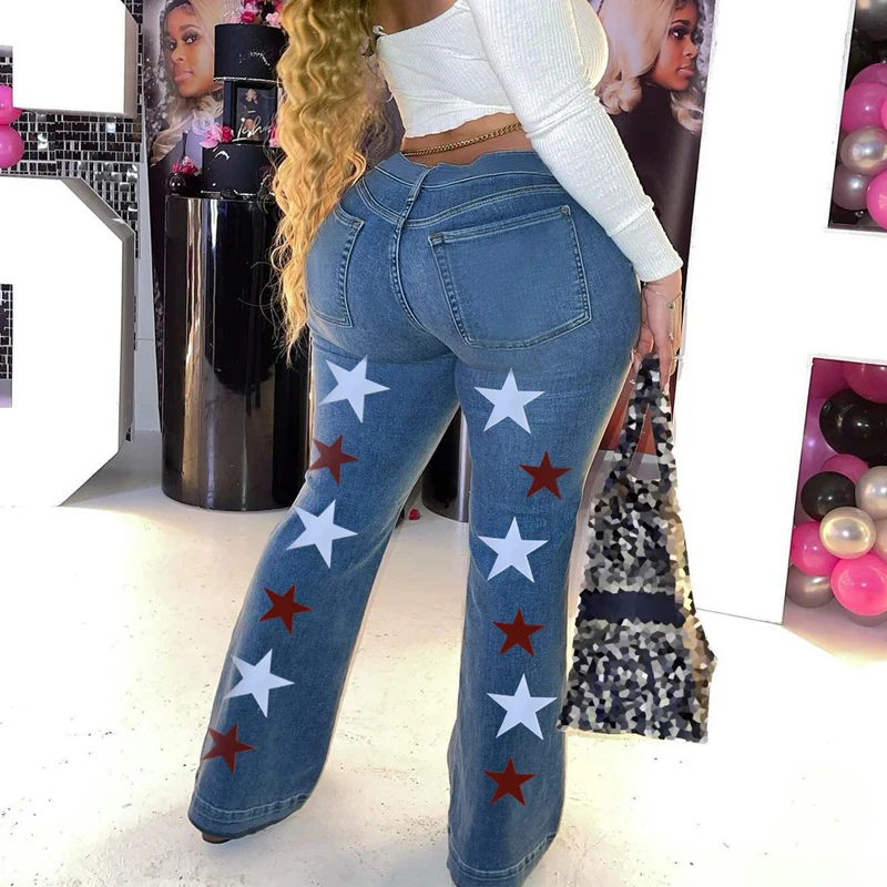 

Star Print Flared Jeans Women High Waist Stretch Streetwear Denim Trousers Casual Flared Pants Lady Blue Denim Boot Cut Pants