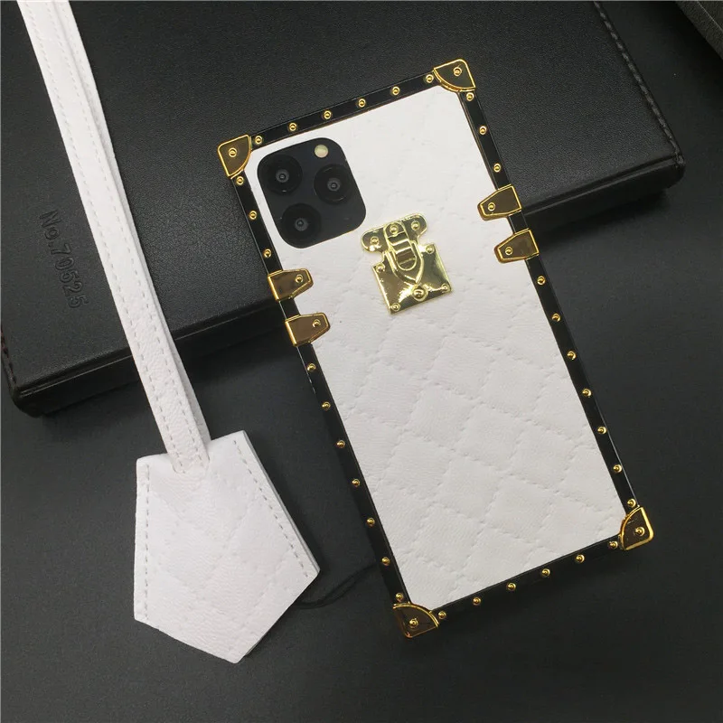 White with Lanyard Роскошный квадратный чехол в клетку для iphone 11 PRO XS MAX X XR 6 6S 7 8 чехол для телефона s для samsung S10 Lite S10E S8 S9 Plus Note 10 9 - Цвет: White with Lanyard
