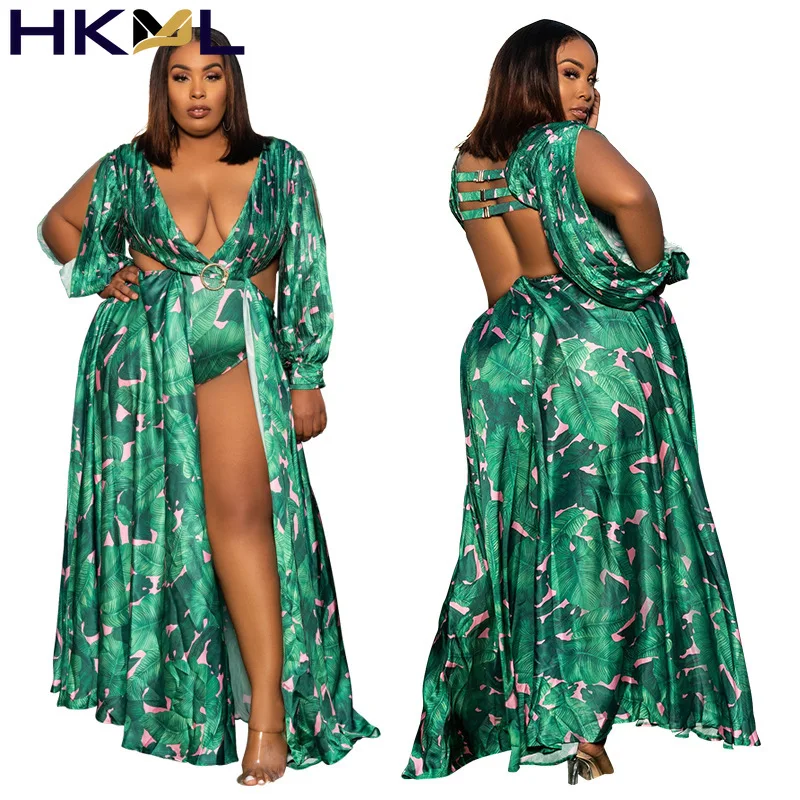 

Sexy Women Long Dress Print Full Sleeve V-neck Hollow Out Splited Maxi Dresses Fashion Beachwear 2021 Summer New Outfits