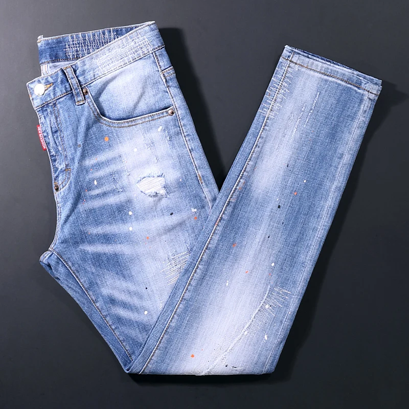 High Street Fashion Men Jeans Retro Light Blue Distressed Elastic Slim Fit Ripped Jeans Men Painted Designer Hip Hop Denim Pants