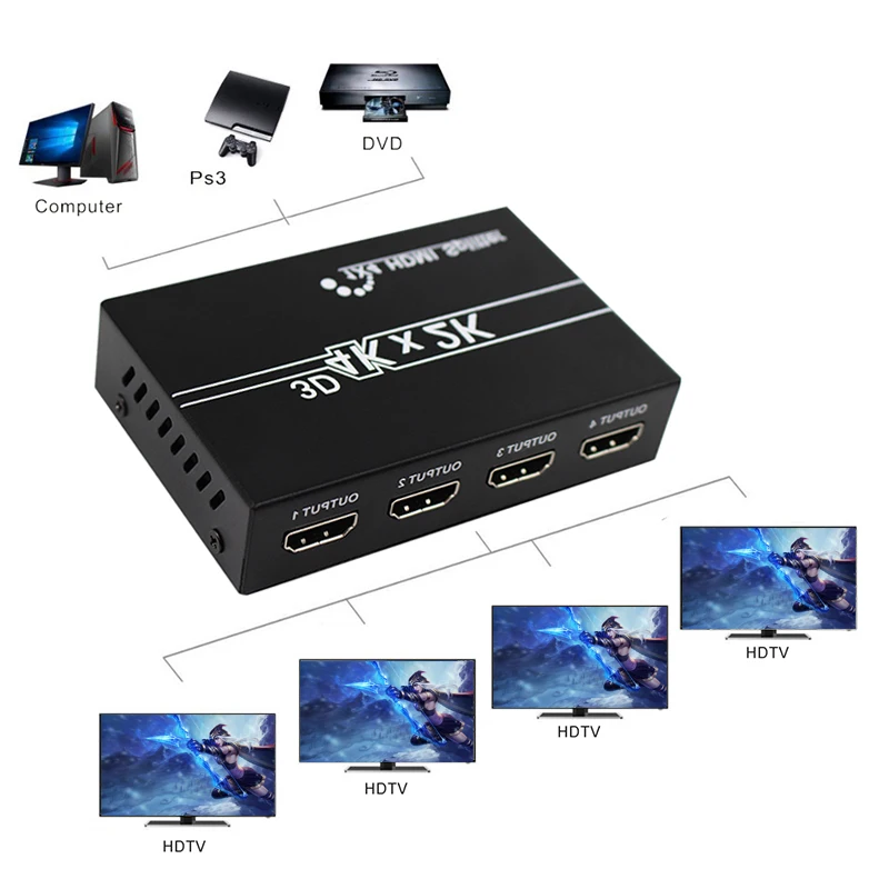 4K HDMI сплиттер UHD 3D HD distrumbite 1X4 1X2 1080p переключатель адаптер Усилитель повторителя для ноутбука HDTV DVD PS3 PS4 Xbox