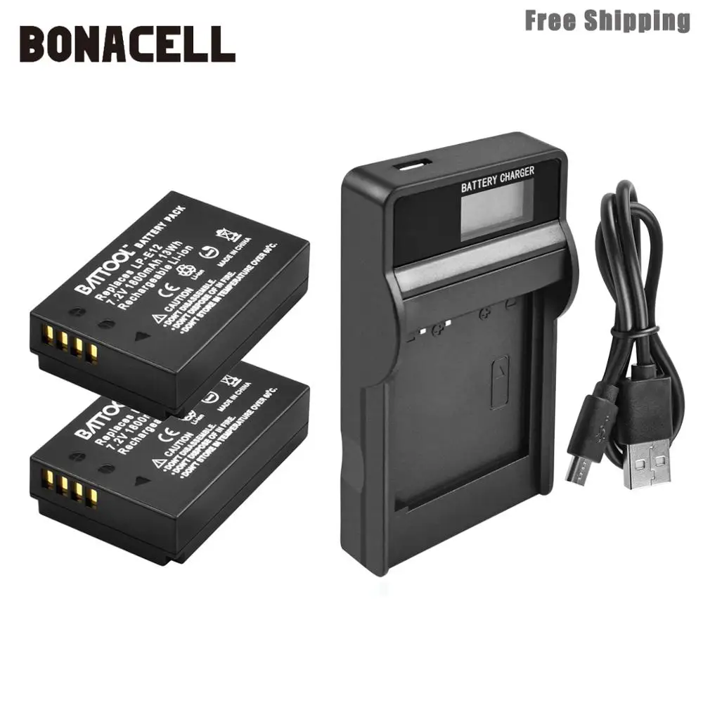 2XBattery Charger Bonacell 1800 мАч LP-E12 LPE12 LP E12 Аккумулятор для камеры+ ЖК-зарядное устройство для Canon EOS M10 Kiss X7 Rebel SL1 EOS 100D аккумулятор DSLR L50 - Цвет: 2XBattery Charger