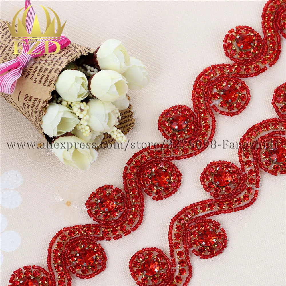 FZD (10yards) Wholesale Sewing On Hot Fix Red Beaded Rhinestone Applique and Trimming Bridal Dresses or Sash Belt for Clothing | Дом и сад