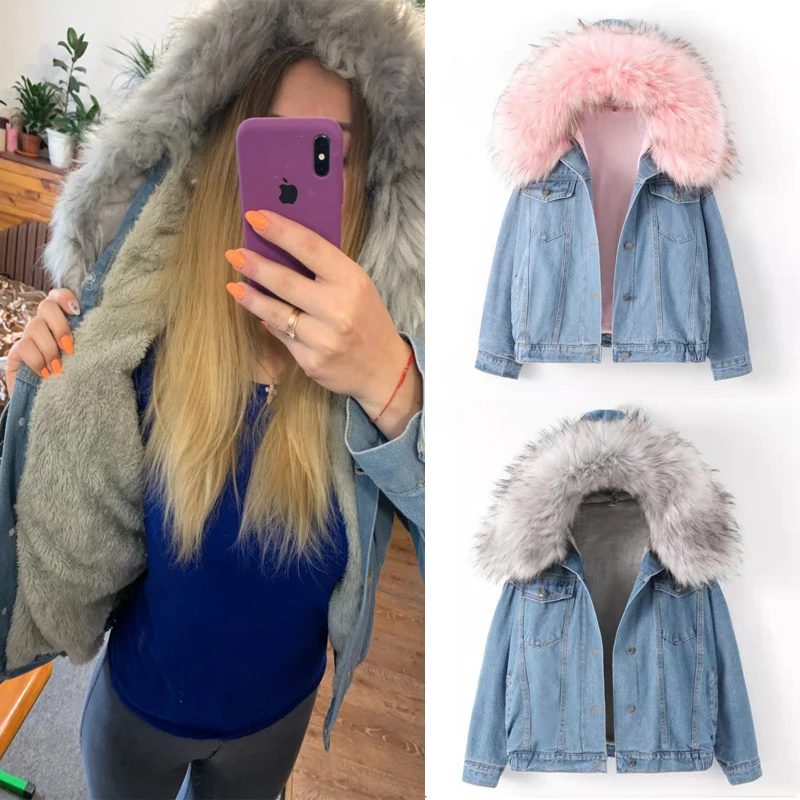 Furry Hooded Denim Woman Jacket 2020 Autumn Winter Designer Luxury Clothing Harajuku Kpop Korean Style Streetwear | Женская одежда