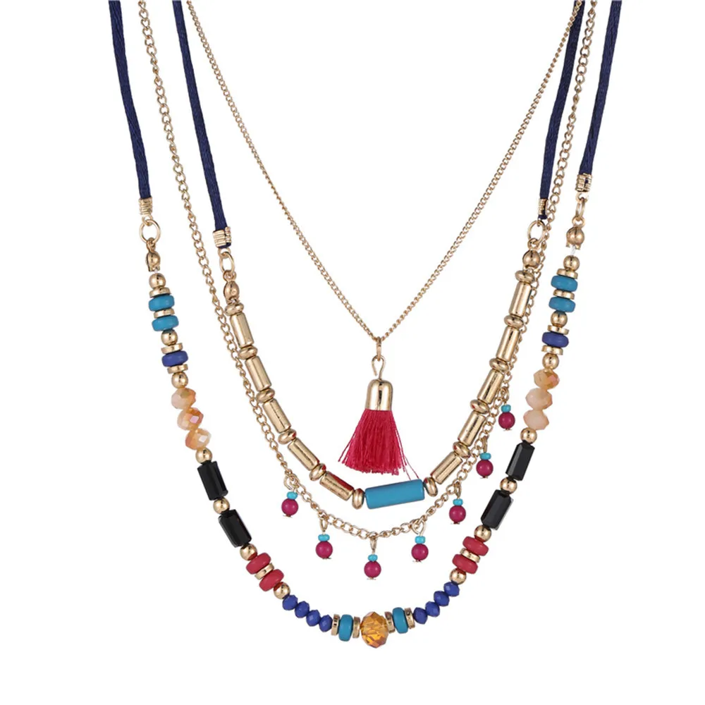 

Bohemian Multilayer Tassel Necklace For Women Colorful Acrylic Beads Rope Chain Necklace Fashion Party Jewelry Charm
